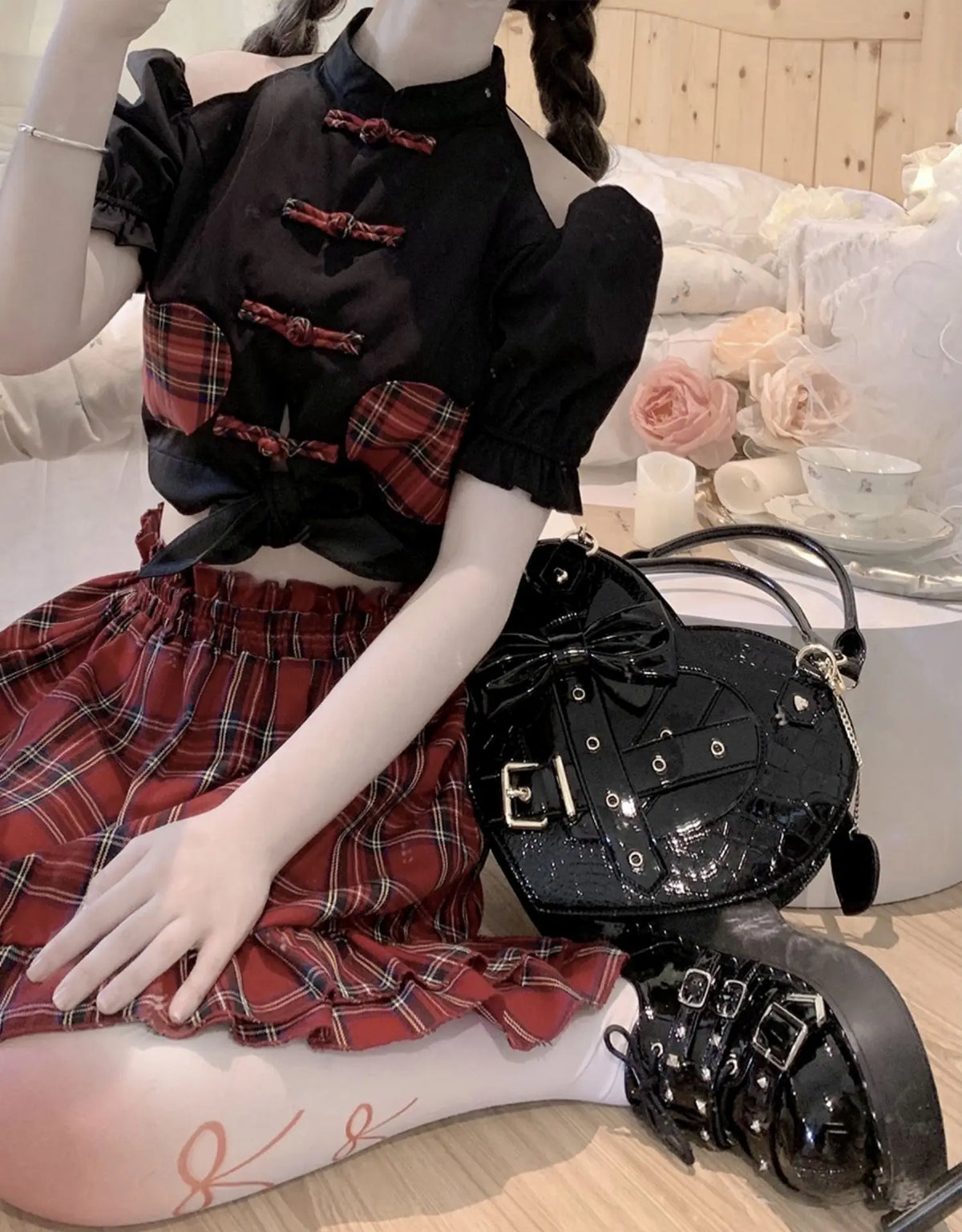 Gothic Cross Lolita Heart-Shaped Handbag: Kawaii Japanese Bow Tie Satchel for Stylish Girls