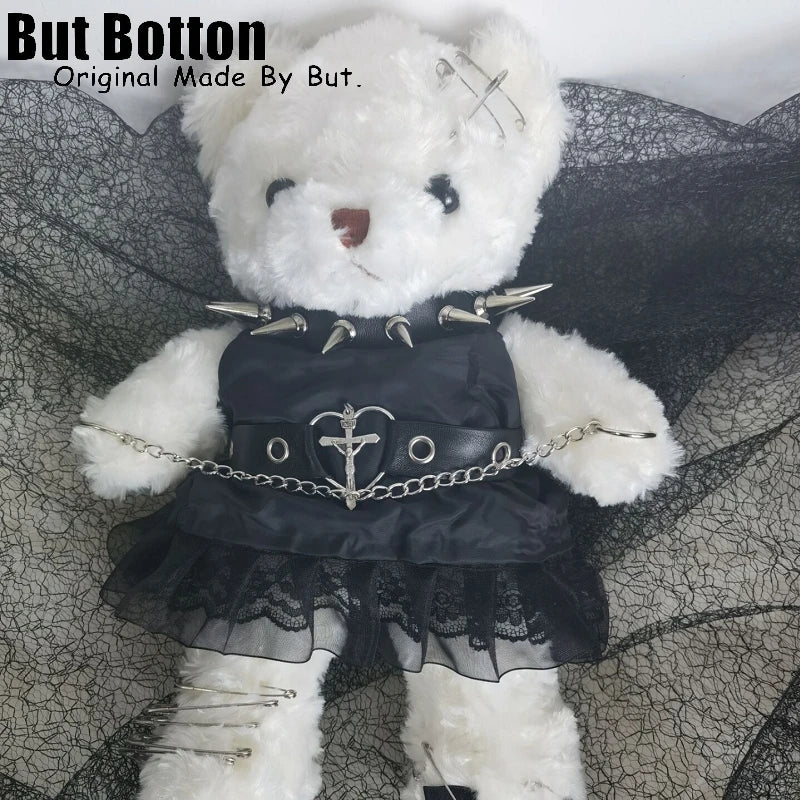 Goth Girl Fan Bearing Soft Plush Teddy Bear Crossbody Handbag With Metal Decorative Accents Goth Dress And Chain Strap