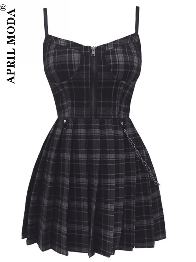 Gothic Girls' Red Plaid Pleated Dress – Emo Alt Y2K Zip-Up Punk Rock Mini Dress with Black Spaghetti Straps