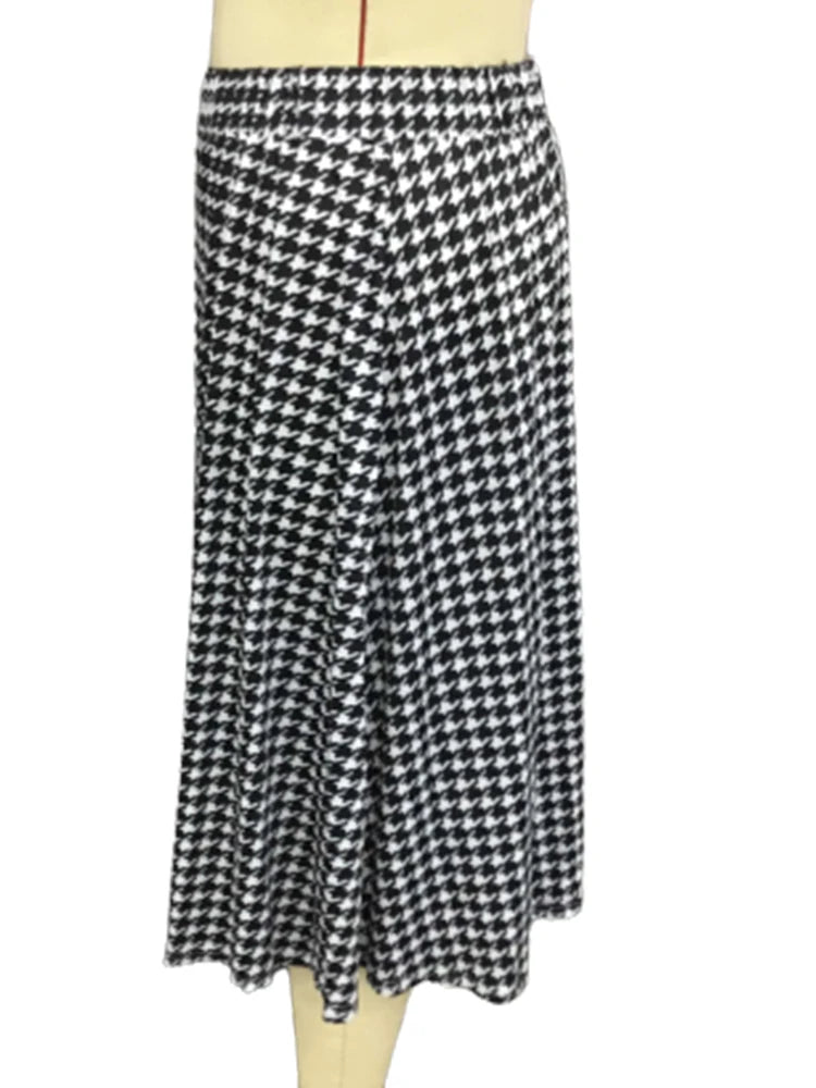 Plus Size Plaid High Waist Mid-Calf Skirt - Vintage Houndstooth Office Skirt for Women