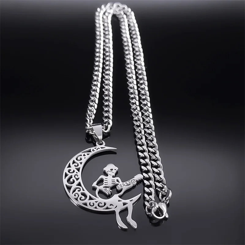 Moon Crescent Skeleton Skull Guitar Necklace – Stainless Steel Silver Jewelry for Women