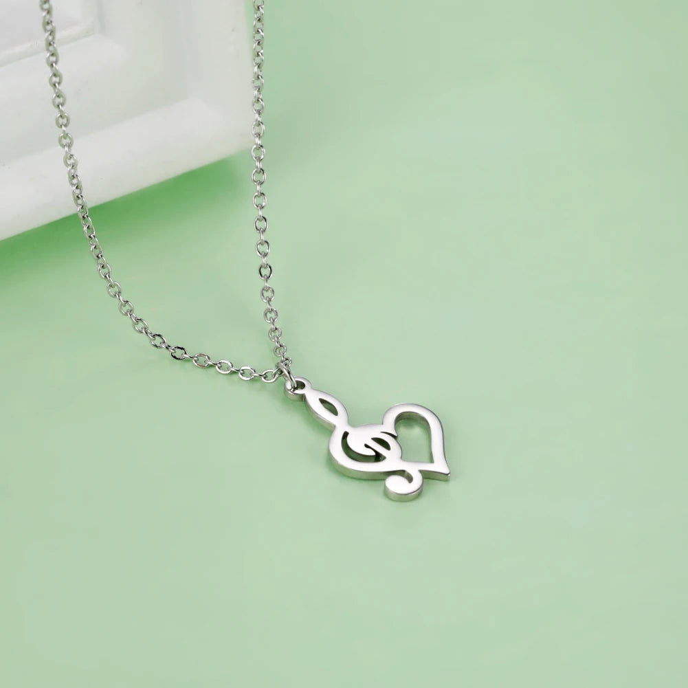 Heart Music Note Treble Necklace - Fishhook Design, Musical Symbol G Clef Chain, Stainless Steel Pendant, Perfect Gift Jewelry