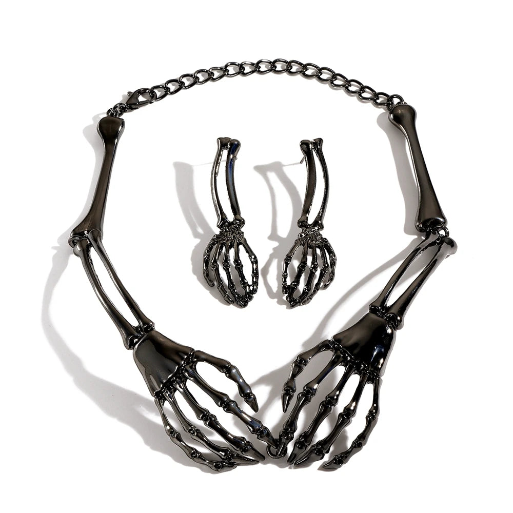 2024 Halloween Jewelry Set - Gothic Punk Metal Skeleton Hand Necklace and Earring Set for Women