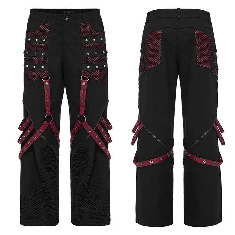 PUNK RAVE Men's Punk Style Wide Leg Trousers Cotton Webbing with Metal Rivets Combination Personality Casual Loose