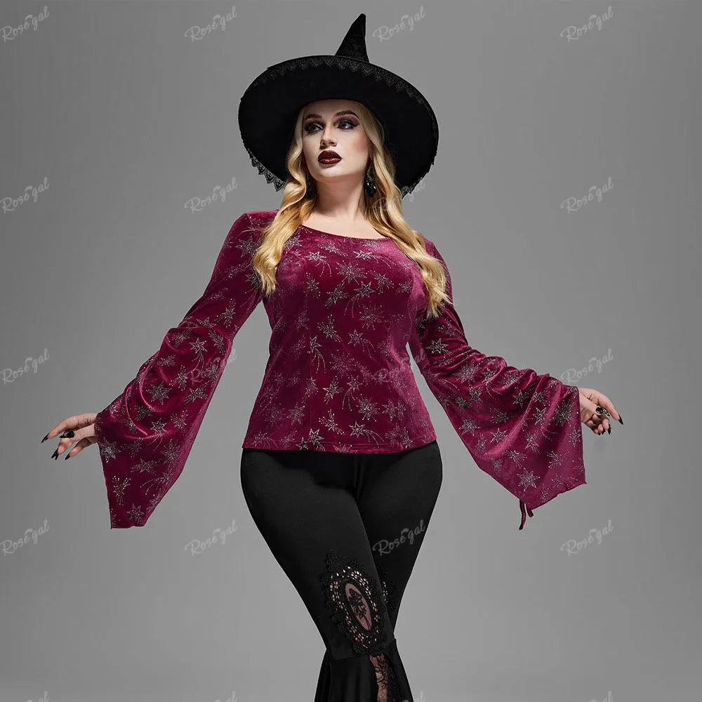 ROSEGAL Plus Size Gothic Velvet T-shirt For Women Spring Autumn Wine Red Blouses Star Printed Cinched Flare Sleeves Top