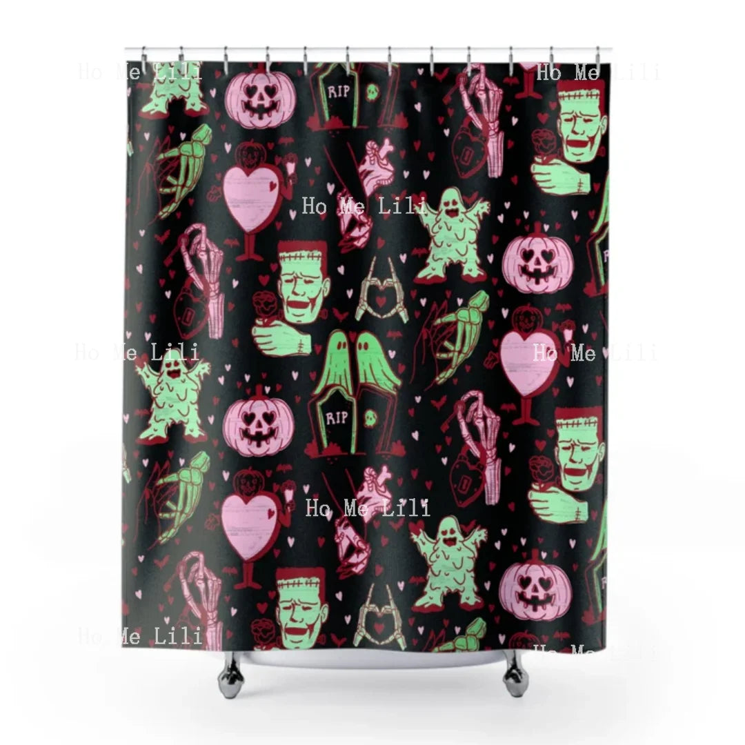 Pastel Goth Halloween Love Print Shower Curtain – Horror Valentines Kawaii Goth Alternative Romantic Design for Bathroom Decor