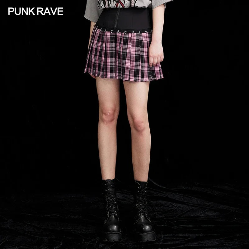 PUNK RAVE Women's Plaid Splicing Skirt - Punk Metal Ring and Webbing Decorative Mini Skirt with Playful Fashion Personality