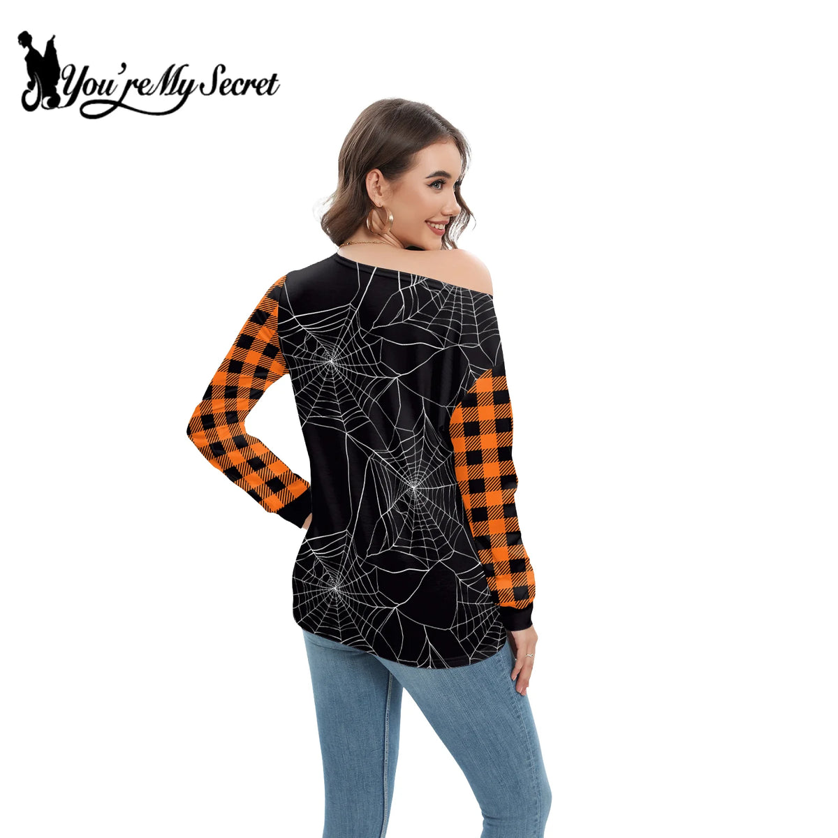 [You're My Secret] Women Slant Shoulder Long sleeve Vintage Crewneck Pullover Top Halloween Skull Printed Sweatshirt Streetwear