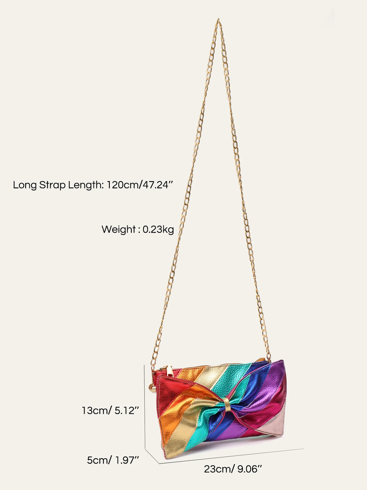 Luxury Metallic Vegan Leather Handbag - Colorful Stripes Patchwork PU Bow Knot Clutch with Chain, Funky Y2K Style