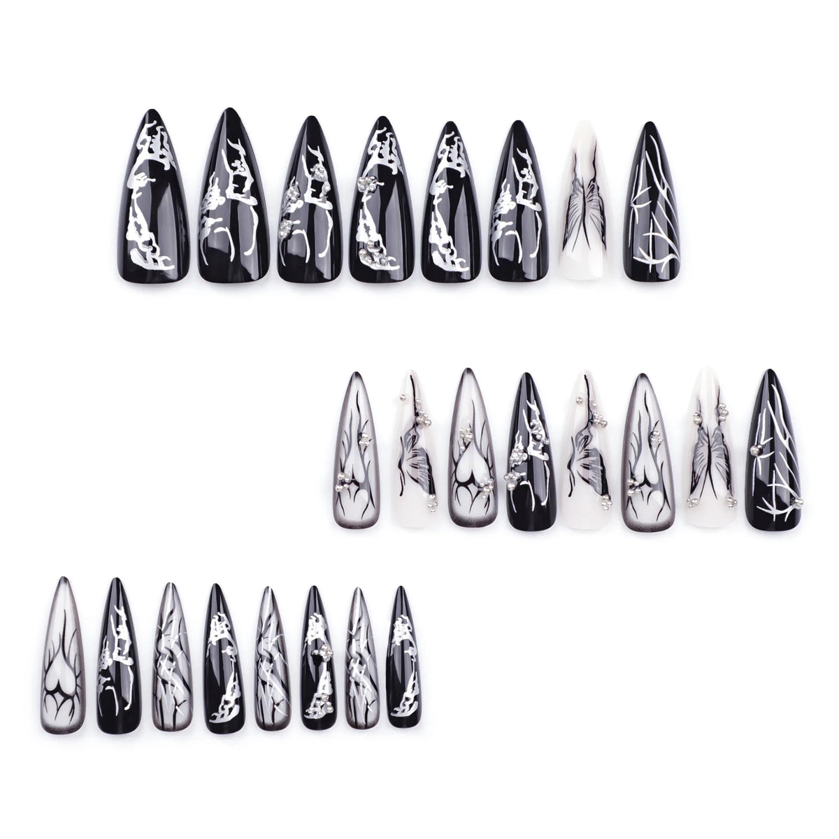 24pcs Long Stiletto Punk Fake Nails Butterfly Stripes Designs Wearable Small Silver Beads False Nails Press On Y2K Almond Nails