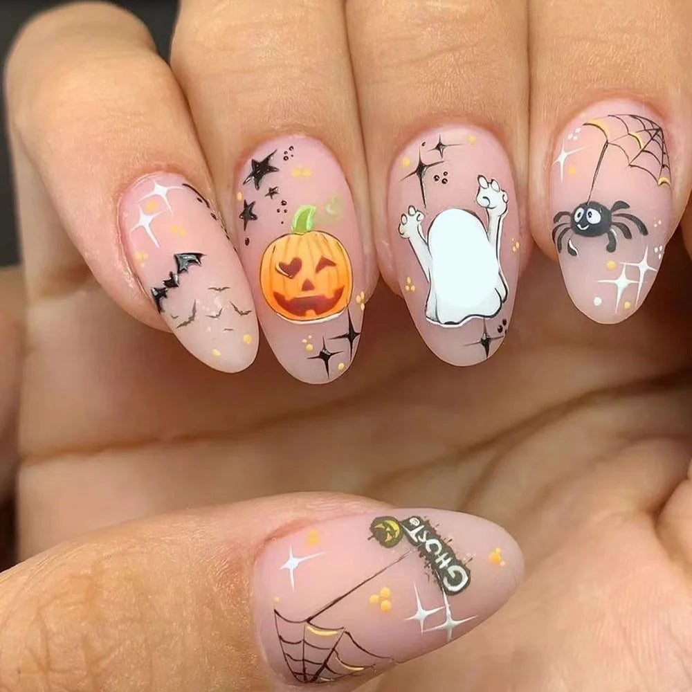 24pcs Matte Almond Halloween Press-On Nails – Pumpkin, Bat, and Spider Full Cover DIY False Nail Tips