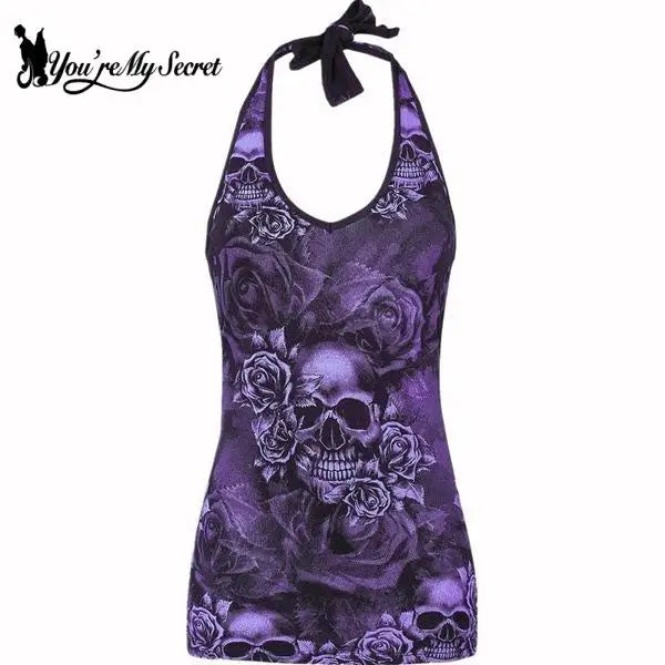 [You're My Secret] Fashion Woman Clothes Spring and Summer Camisole Vest Skull Printing Sexy Halter Sleeveless T-Shirt Tank Top