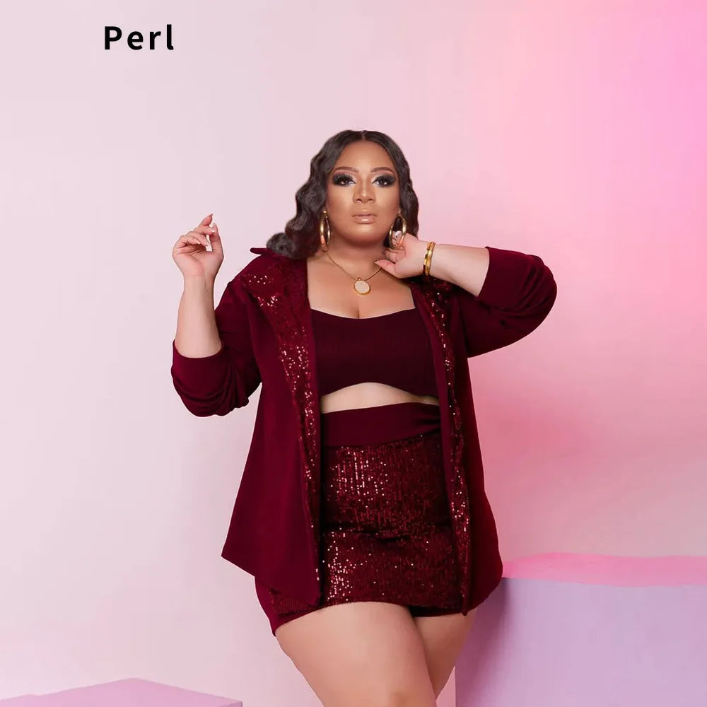 Perl Sequin Three-Piece Set – Sling Crop Top + Culottes + Long Jacket for Women Plus Size Autumn Outfits, OL Office Female Clothing