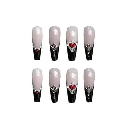 Long Coffin Punk Black French Acrylic Nail Ballerina Goth Artificial Glossy Glue on Nails Cross Rhinestone False Nails for Women