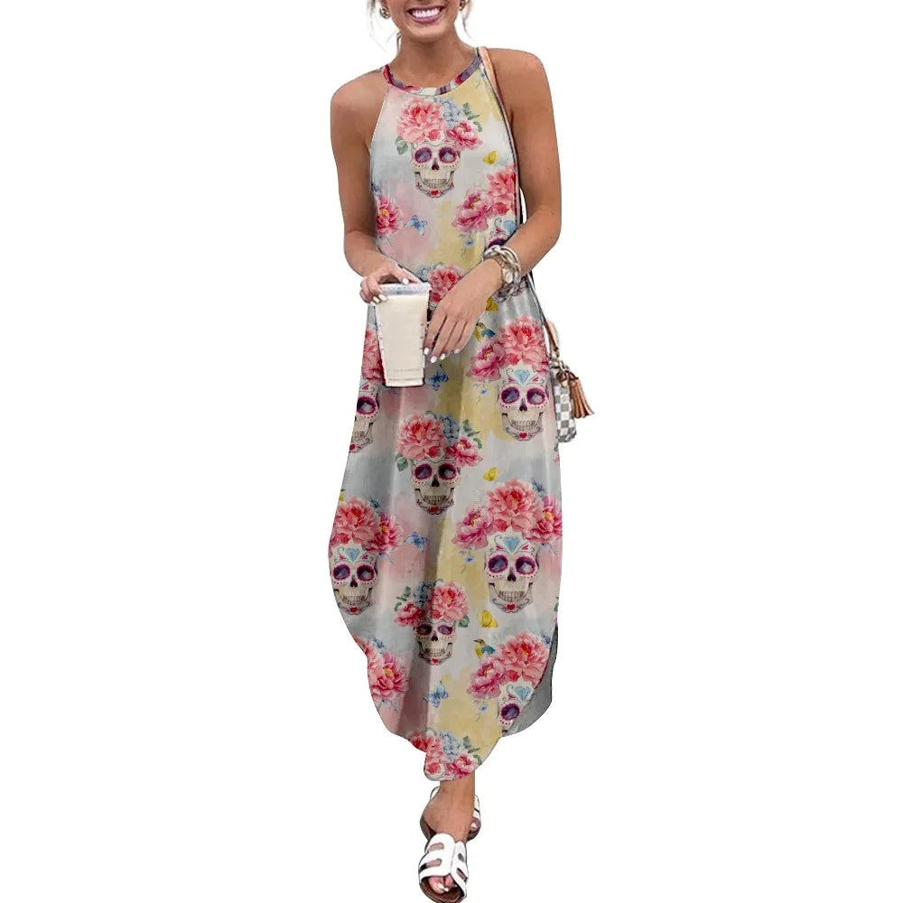 Floral Skull Print Women's Casual Short Sleeve Camisole Dress - Loose Long Double Pocket Beach Resort Dress