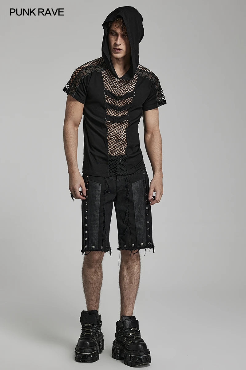 PUNK RAVE Men's Punk Handsome Hooded T-shirt Sexy Cool Hollow Mesh Cutouts Personality Casual Tops Tees Spring & Summer