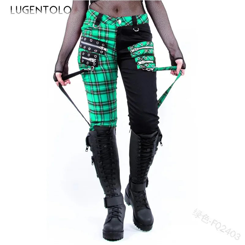 Plaid Color Block Patchwork Punk Rocker Staps And Zipper Pocket Detail Slim Fit Skinny Pants