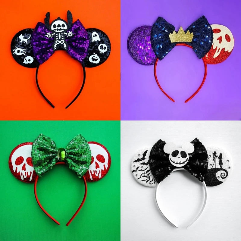 Disney Cartoon Mickey Hair Band – Sequins Bow Hair Accessories for Girls and Women, Ghost Minnie Ears Headband, Party Gifts, Cosplay