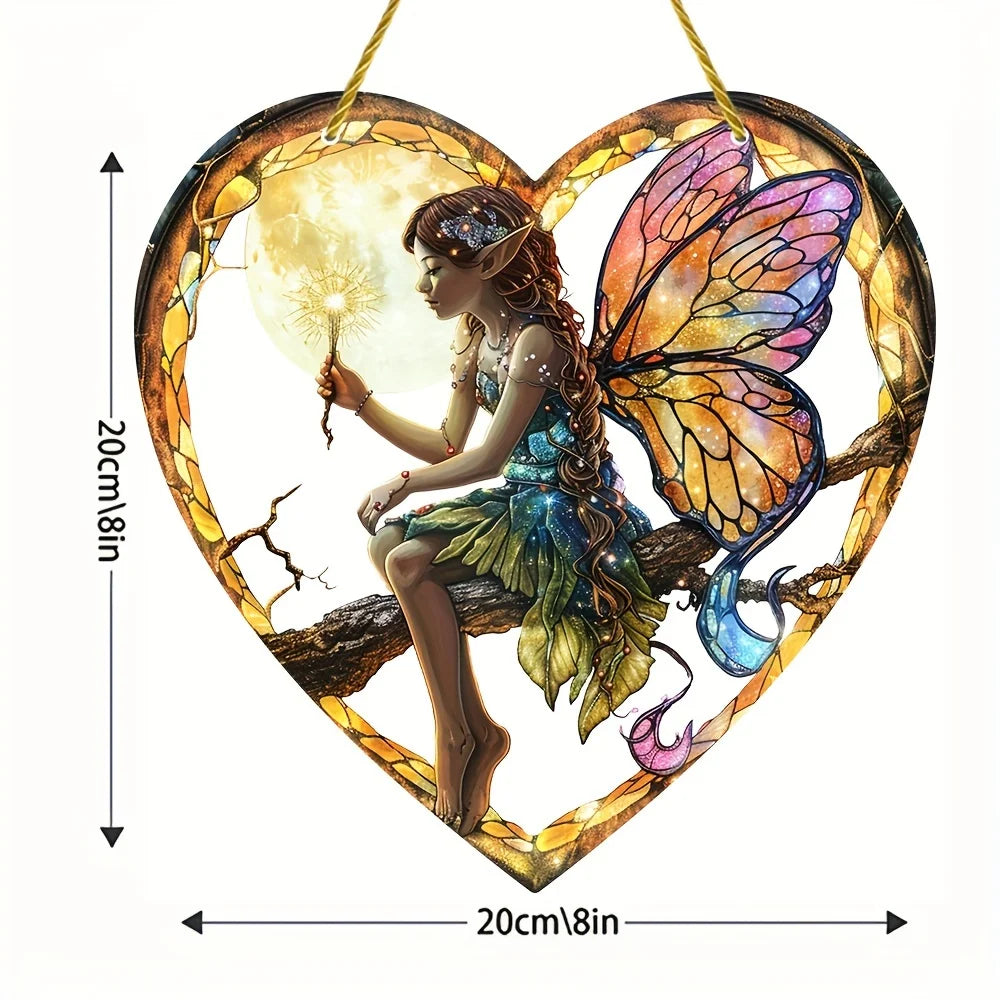 1 Pc Magic Fairy Hanging Decoration, Acrylic Heart Wall Hanging, Stained Glass Shape, Perfect for Home and Garden Decoration