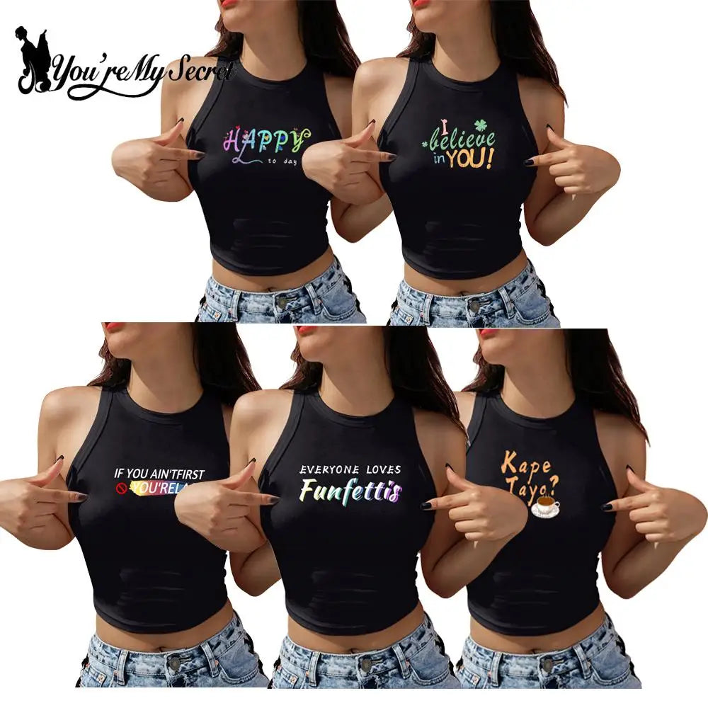 [You're My Secret] Summer Women Crop Top Sexy Sleeveless Fashion Fun Letters Print Tank Tops Gothic Knitted O-Neck Hip Hop Vest