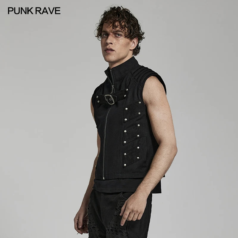 PUNK RAVE Men's Doomsday Punk Rivets Decoration Vest Daily Handsome Cool Personality Casual Tops Black Spring/summer