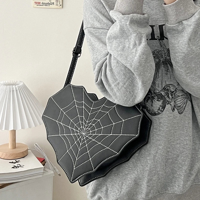 Gothic Style Shoulder Bag for Women – Halloween PU Leather Backpack, Cobweb Crossbody Handbag, Purse for Women