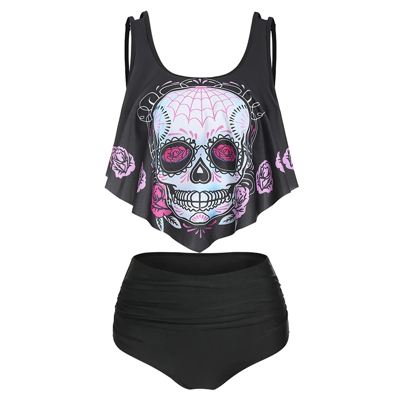 Skull Flower Print Criss-Cross Tankini Set | Padded Two-Piece Swimsuit for Girls
