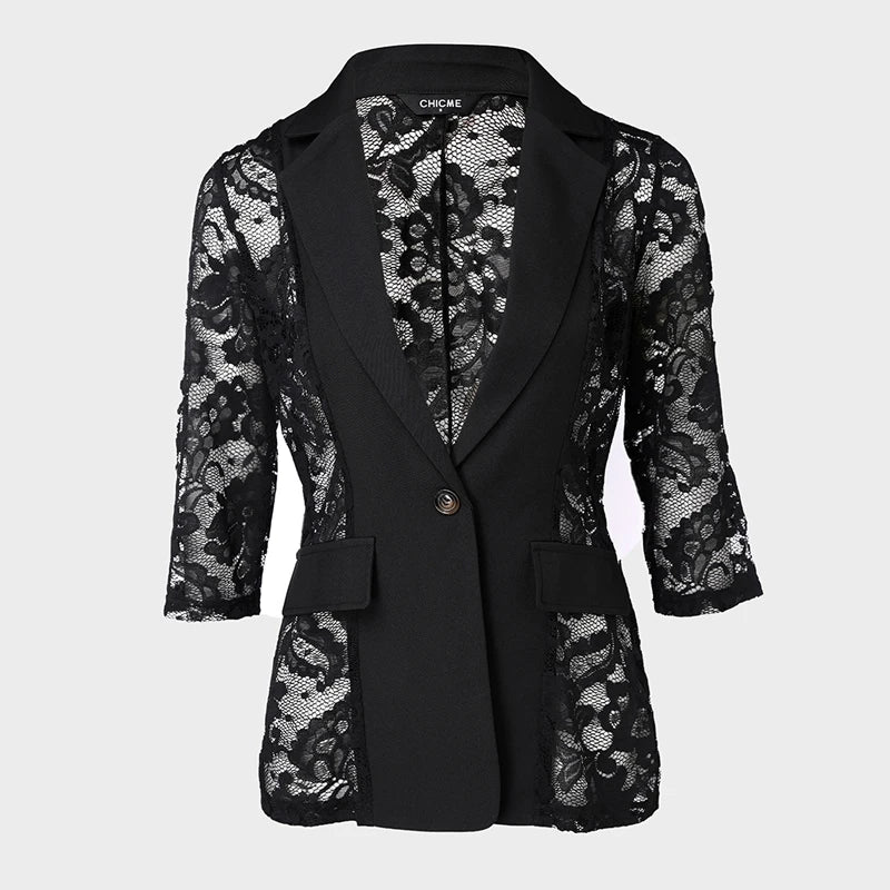 Women’s Sheer Lace Blazer with Lapel Neck and Single Button Flap Detail