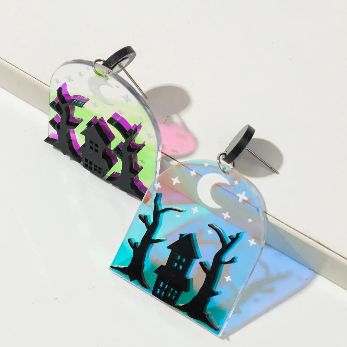 Cute Halloween Acrylic Ghost Castle Drop Earrings – Spooky Dark Forest Jewelry for Women 2024