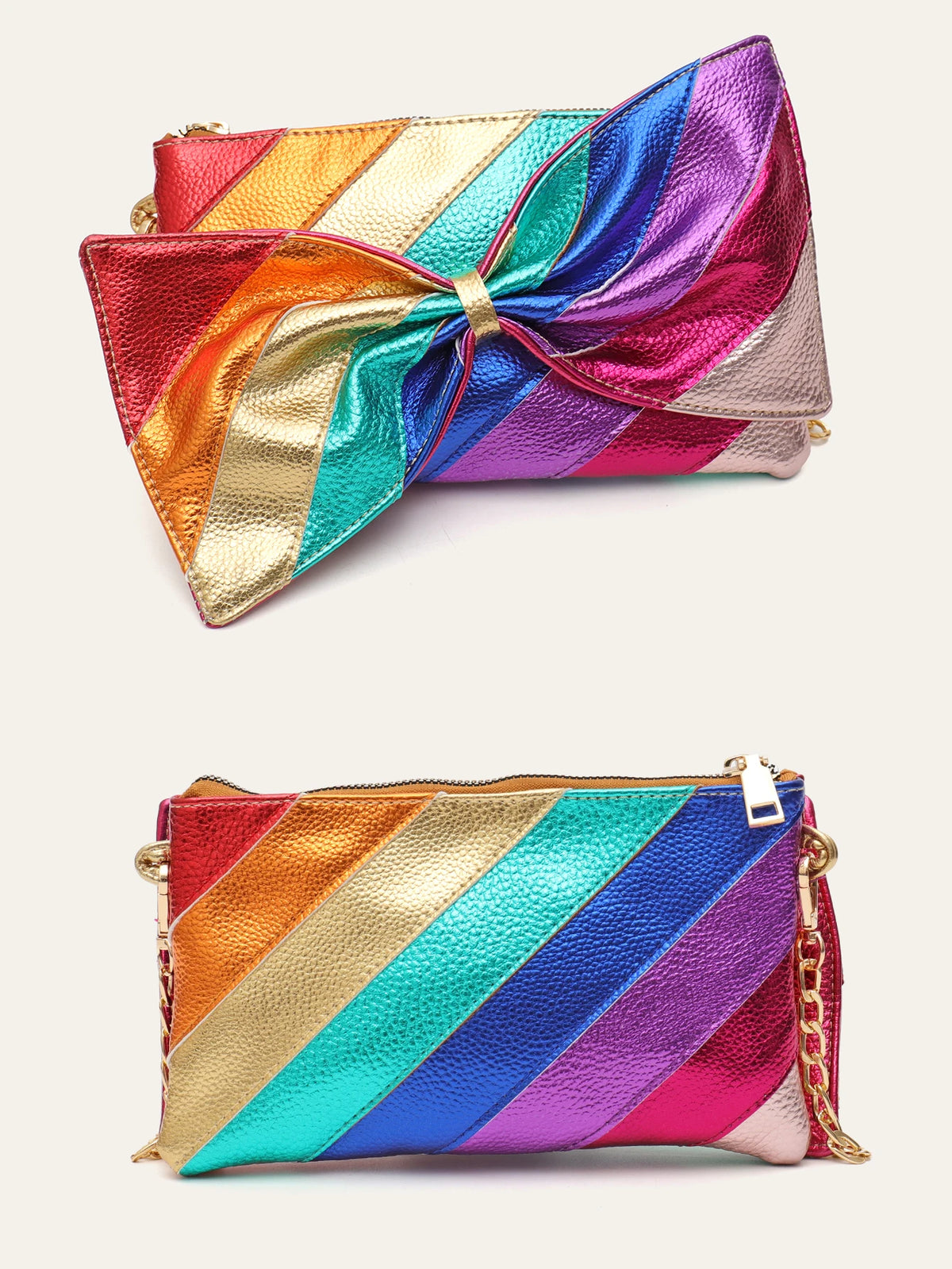 Luxury Metallic Vegan Leather Handbag - Colorful Stripes Patchwork PU Bow Knot Clutch with Chain, Funky Y2K Style