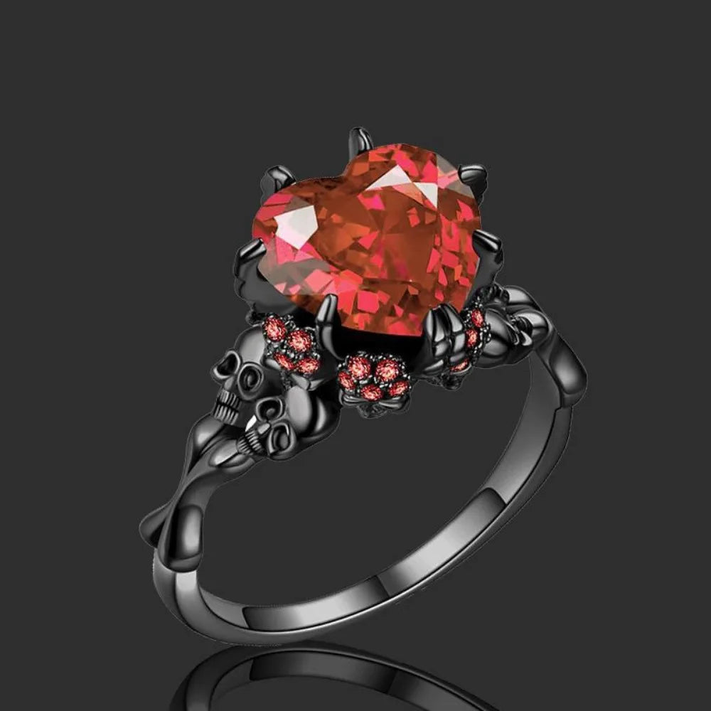 Skull Gothic Black Ring - Heart-Shaped Red Crystal Vampire Double Skull Rings for Women - Party & Wedding Jewelry