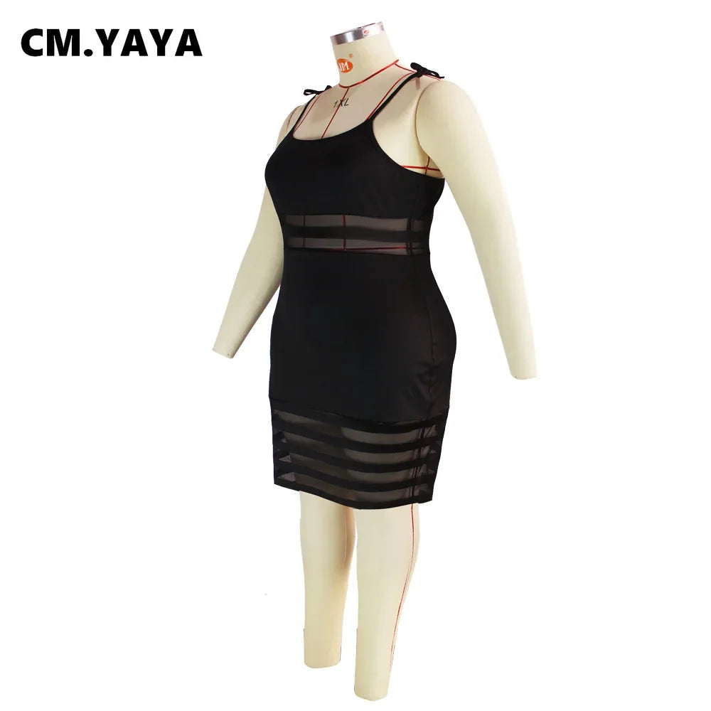 CM.YAYA Plus Size Mesh Patchwork Bodycon Dress – Sexy Night Party Clubwear, Spaghetti Strap Sleeveless Midi Pencil Dress