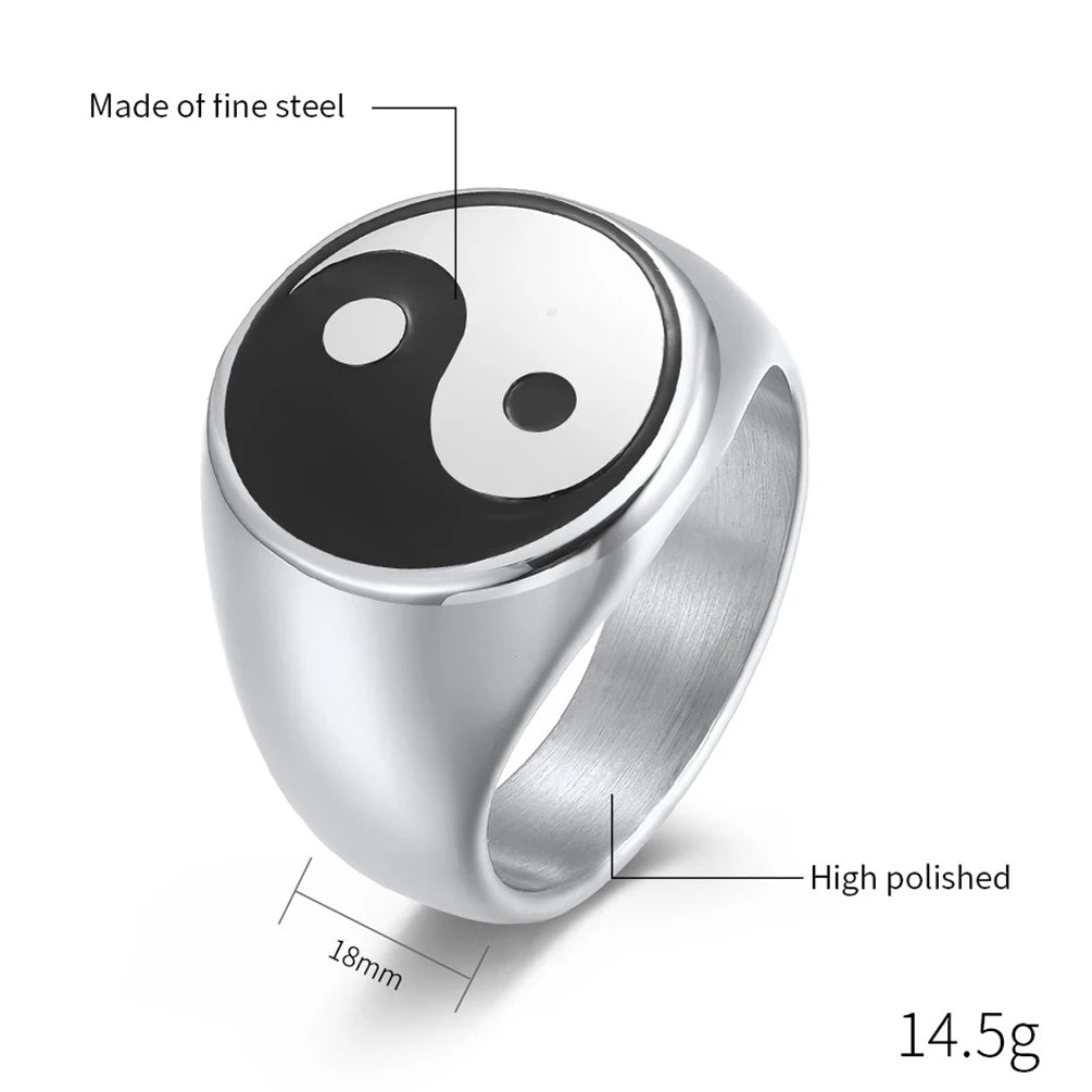 Tai Chi Yin Yang Symbol Ring Chinese Style Stainless Steel Signet Finger Ring for Men Punk Rock Jewerly Wedding Gift