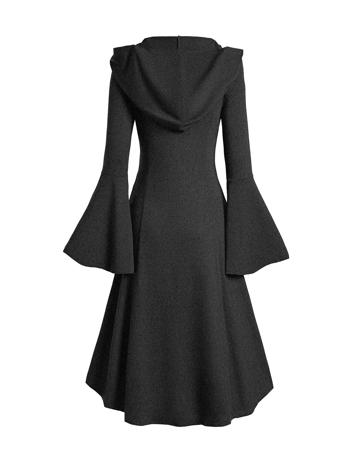 Dressfo Women’s Gothic Grommet Hooded Top – High Low Hem, Buckle Flare Sleeves, Frilled Long Sleeve Halloween Dress