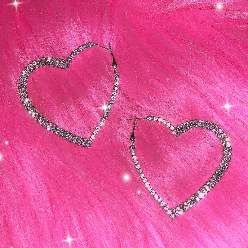 Y2K Shiny Heart Hoop Earrings - Korean Fashion Rhinestone Love Earrings for Women, Punk Aesthetic 2000s Jewelry