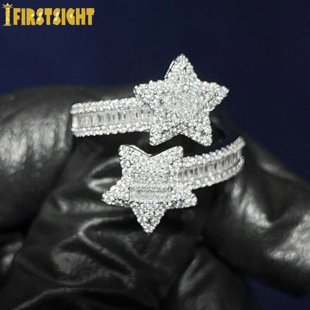 New Iced Out Star Ring | Silver Color Bling 5A CZ Zircon Adjustable Open Star Charm | Women’s Hip Hop Luxury Jewelry