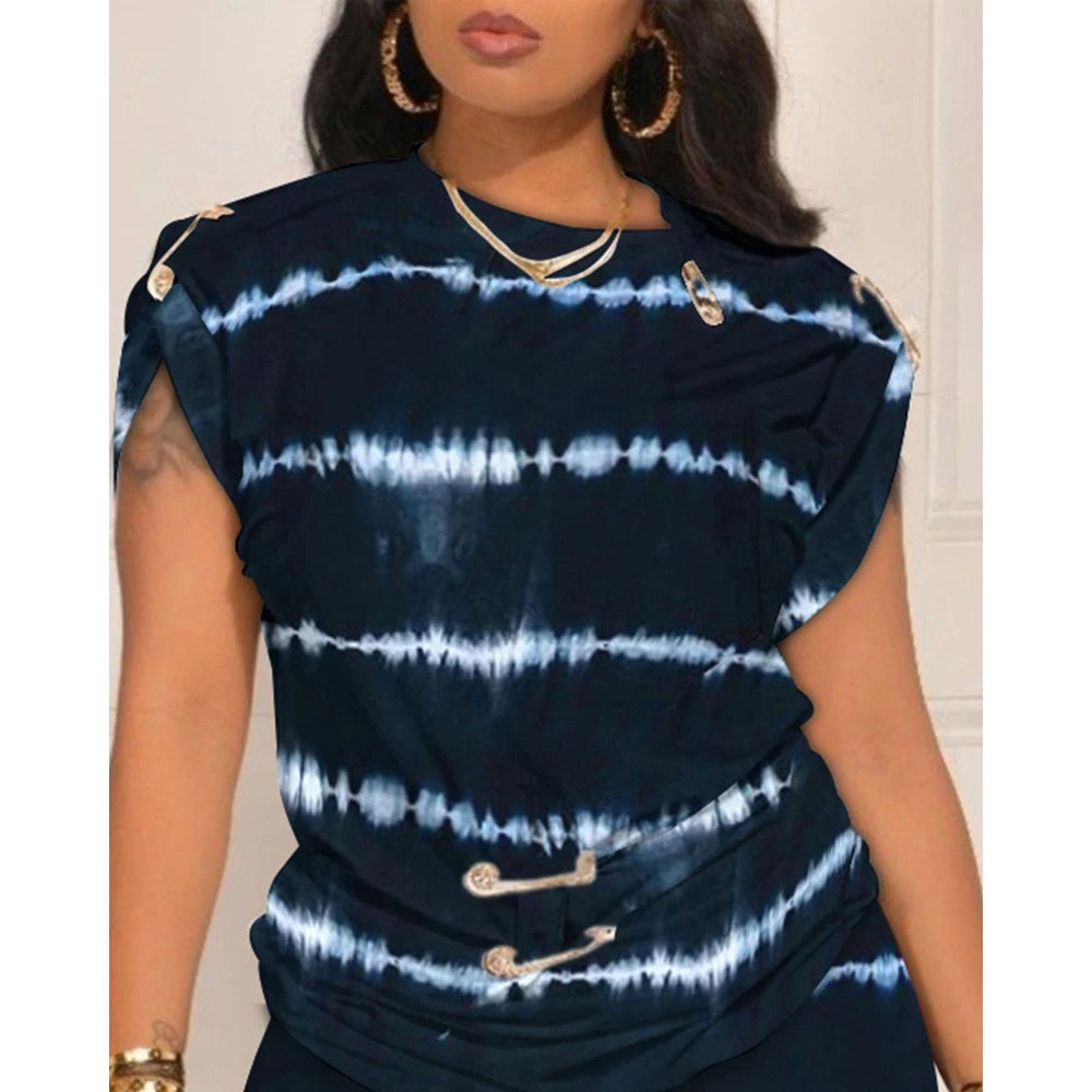 Plus Size Navy Blue Tie Dye Print Casual High Waist Two-Piece Shorts Set