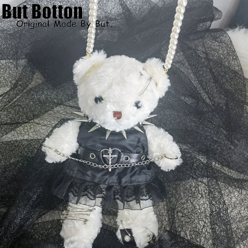 Goth Girl Fan Bearing Soft Plush Teddy Bear Crossbody Handbag With Metal Decorative Accents Goth Dress And Chain Strap