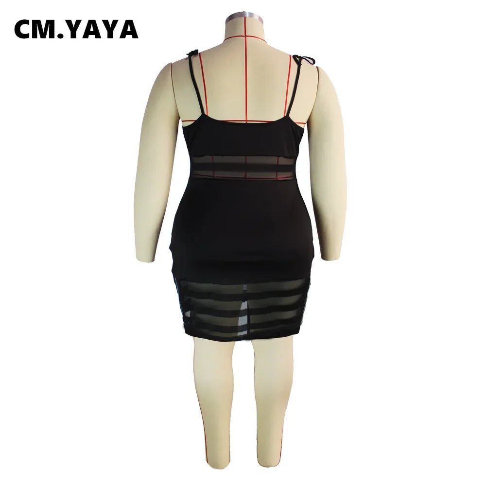 CM.YAYA Plus Size Mesh Patchwork Bodycon Dress – Sexy Night Party Clubwear, Spaghetti Strap Sleeveless Midi Pencil Dress