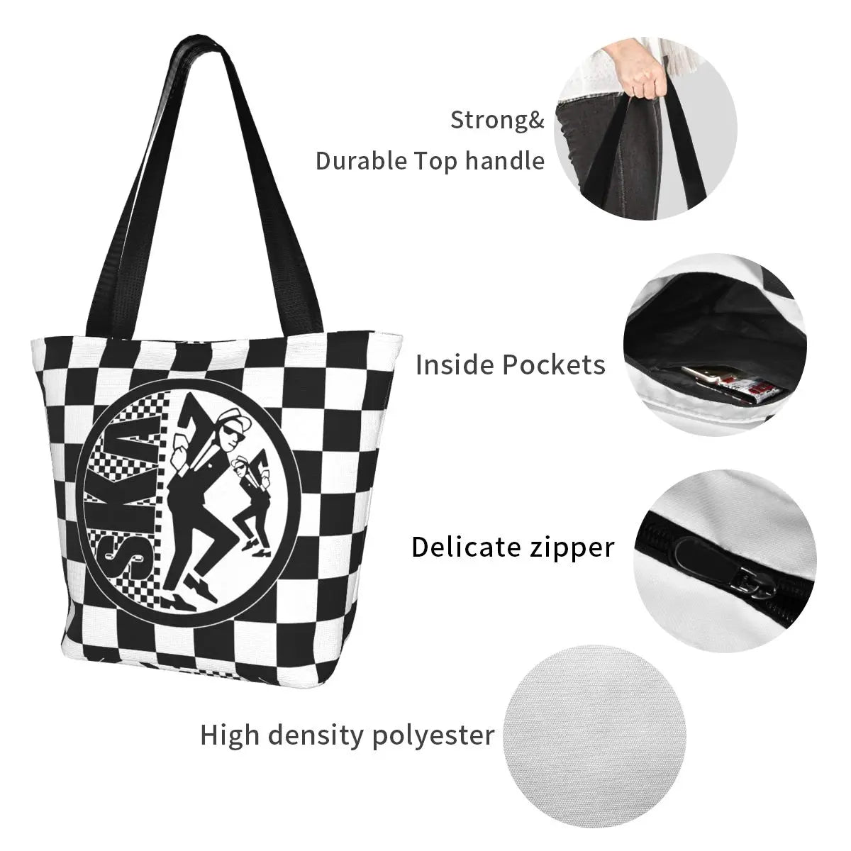 2 Tone Ska-Rock Revival Tote Bag – Women's Top Handle Checkered Handbag with Zipper Opening, Rocksteady Punk Rock Music Style