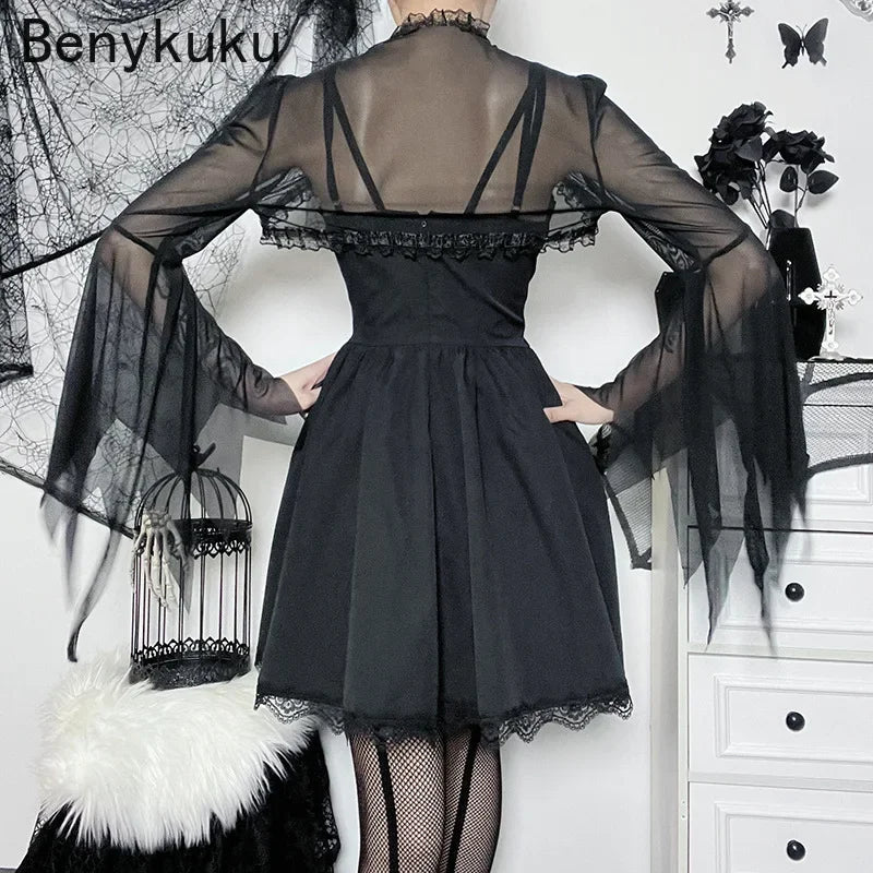 Womens Gothic Punk Flare Sleeve Crop Top Lace Trim Party Bolero Cosplay Outfit See-through Mesh Shrug Tops Clubwear Cover Up