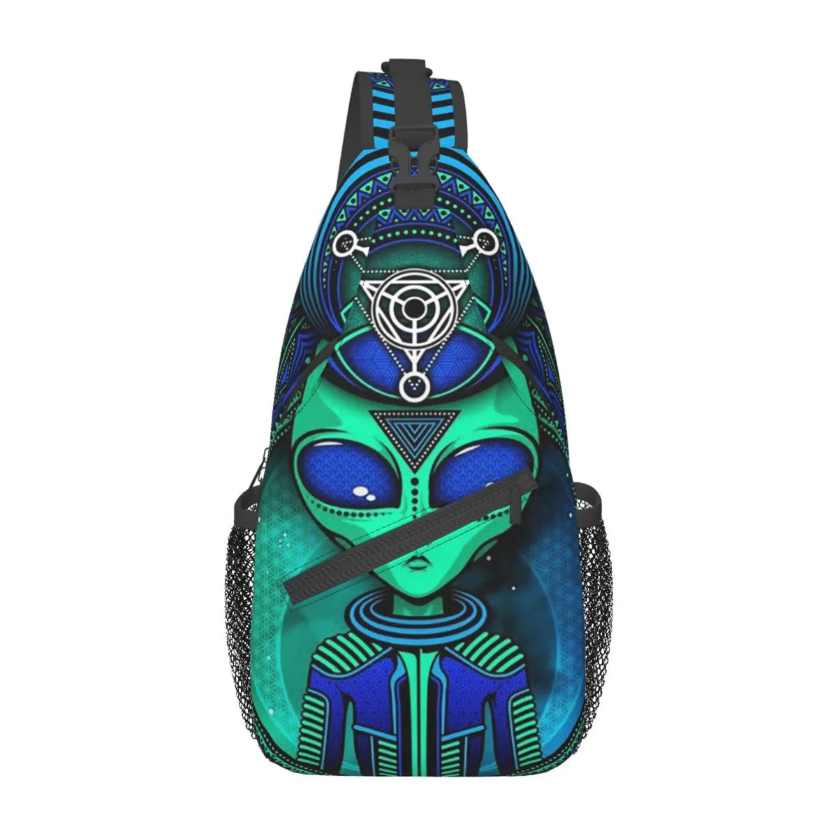 UFO Alien & Triangle Lotus Crossbody Backpack | Unisex Sling Chest Bag for Hiking, Gym, Travel