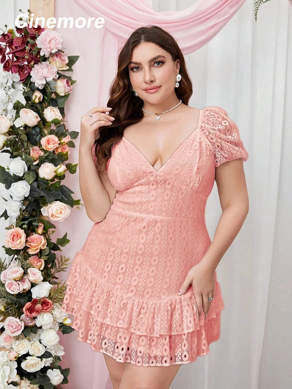 Cinemore Summer Dresses Women 2023 | Plus Size Deep V Neck Puff Sleeve Cute Sweet Cake Dress | Ruffle Hem Female Dress