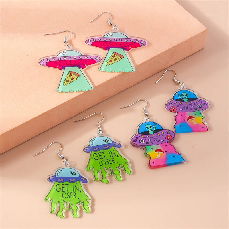 Aihua Cute Cartoon Creative Acrylic ET Alien Earrings Kawaii  Funny UFO Spaceship Earrings for Women Girls Kids Birthday Gifts