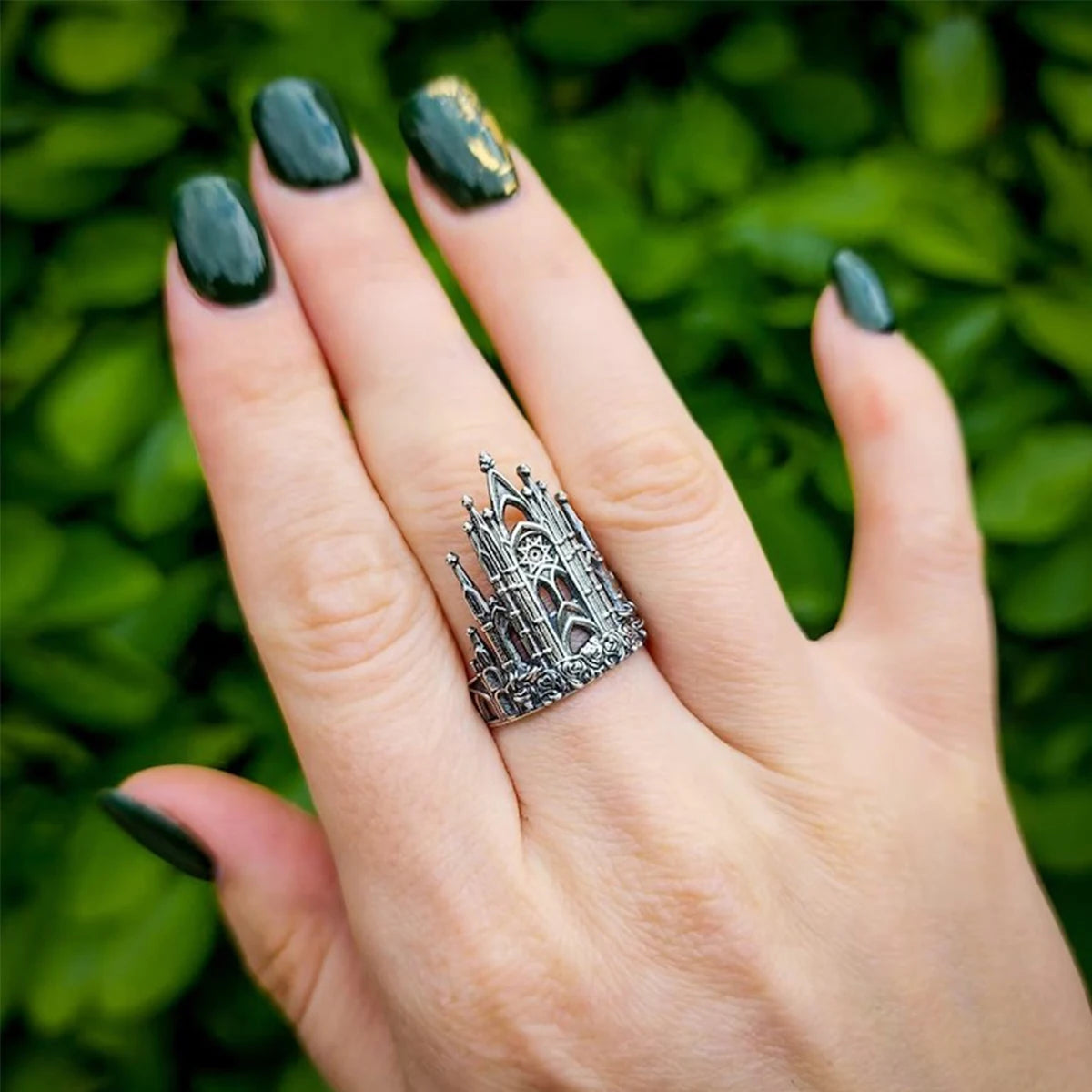 Vintage Gothic Silver Open Ring - Castle Architecture Style with Hollow Out Floral Geometry Design, Ideal for Women’s Party or Prom