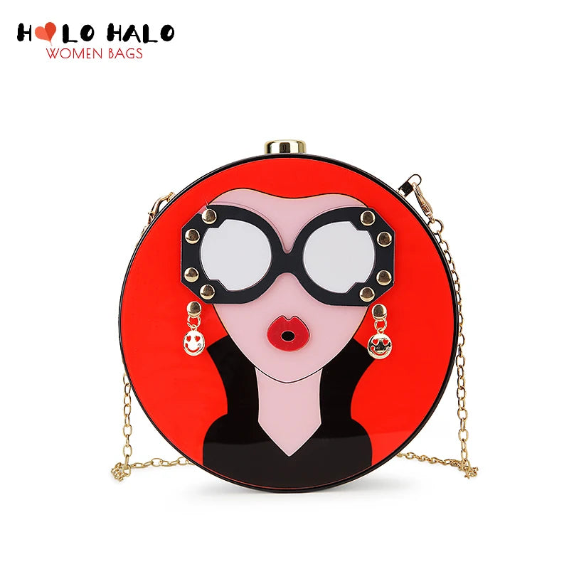 Fashion 3D Sexy Woman Face Women Handbag and Clutch Novelty Female Circular Acrylic Evening Wedding  Party Purse Girls Gifts