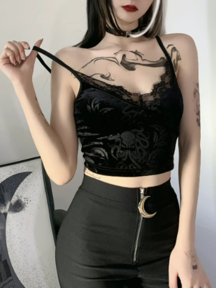 ALTGOTH Streetwear Veleve Y2K Camisole - Dark Mall Goth Sexy Lace Patchwork Bodycon Crop Tank Top, Vintage Gothic Black