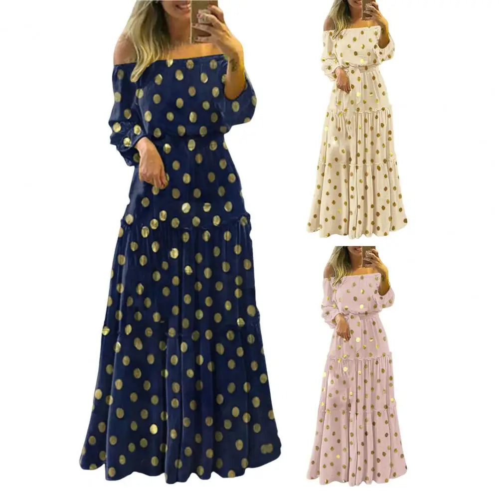 Boho Long Dress Women Puff Sleeve Off-Shoulder Waist Tight Stitching Large Hem Dress with Dot Stamping