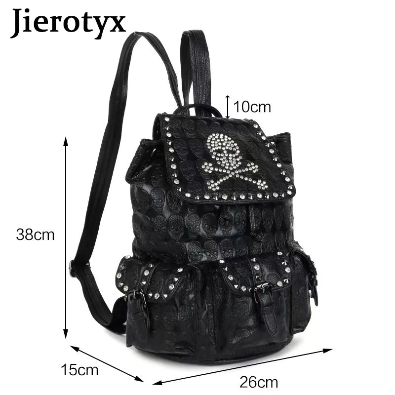 JIEROTYX Skull Backpack Women Gothic Rivet Studded Zipper Shoulder Purse Black Punk Metal 3D School Bags