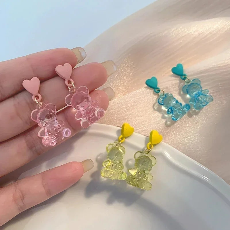 Cute Acrylic Gummy Bear Dangle Earrings - Rainbow Bear CZ Hoop Earrings for Women